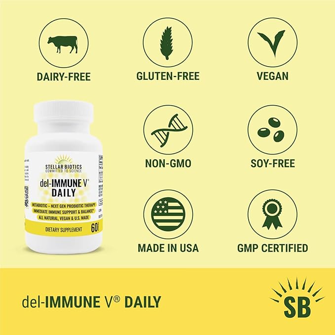 Del-Immune V Daily by Stellar Biotics, All-Natural Immune Support & Gut Health, Immediate Care, Metabiotic: NextGen Probiotic Therapy (60 Caps)