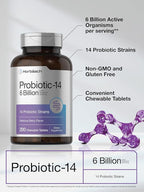Horbäach Probiotics 6 Billion CFUs | 200 Chewable Tablets | Berry Flavor | 14 Probiotic Strains | Vegetarian, Non-GMO & Gluten Free Supplement for Men & Women