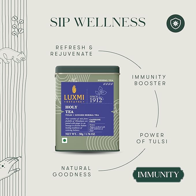 Luxmi Estates Holy Basil Tulsi Ginger Tea for Immunity | Loose Leaf 25 Cups (50g/1.76oz) | Caffeine Free | Non-GMO