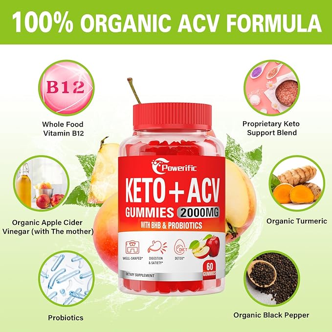 Apple Cider Vinegar Gummies, GLP-1 Support Keto ACV Gummies Max Strength 2000mg Apple Cider Vinegar with Mother, Probiotics & Vitamin B12, for Digestion, Metabolism, Cleanse & Detox Diet (2 Packs)