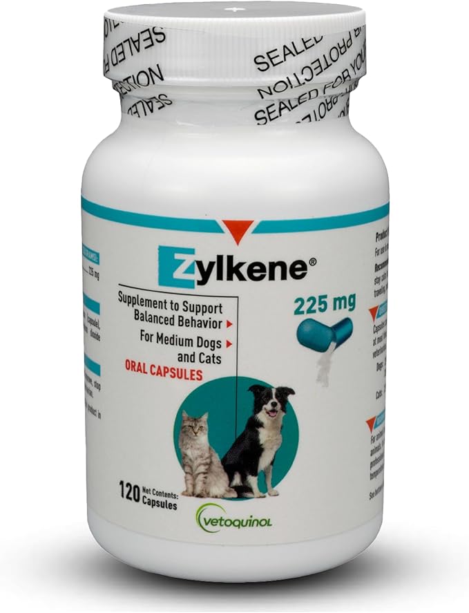 Vetoquinol Zylkene Calming Support Supplement for Medium Dogs 33-65lbs Helps Promote Relaxation and Reduce External Stress Factors, Daily Behavioral Support and Anxiety Relief for Dogs, 225mg