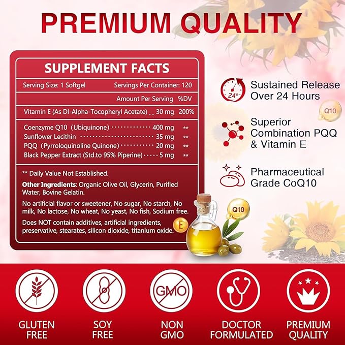 NATURE TARGET CoQ10-400mg Plus PQQ with Vitamin E & Organic Olive Oil - Coenzyme-Q10 with BioPerine - High Absorption Antioxidant-for-Heart-Health and Energy Production,120 Servings