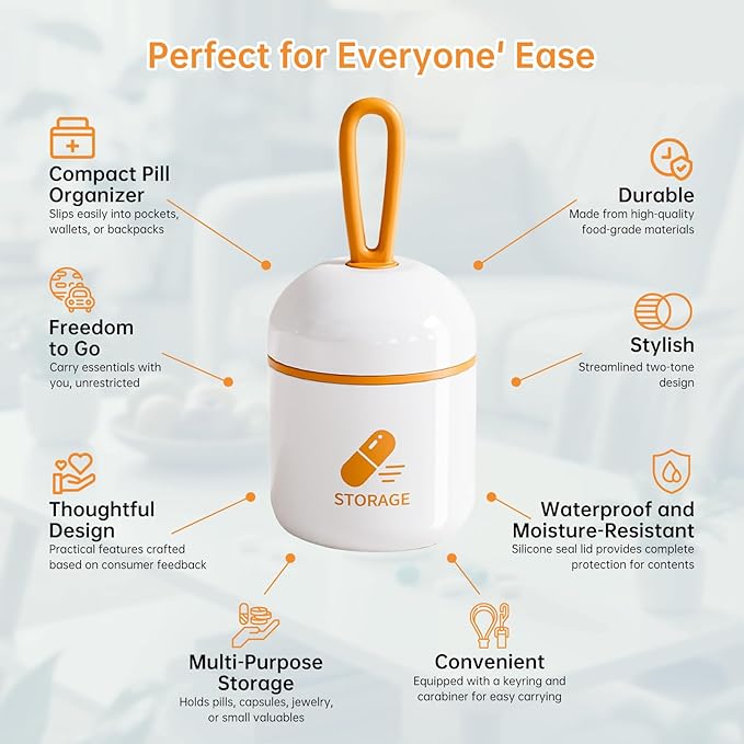 Keychain Pill Holder, Small Pill Box Case Container Organizer for Purse, Medicine Travel Organizer, Silicone Seal Moisture Proof Mini Pill Bottle for Outdoor Camping Travel Jewelry（Orange）