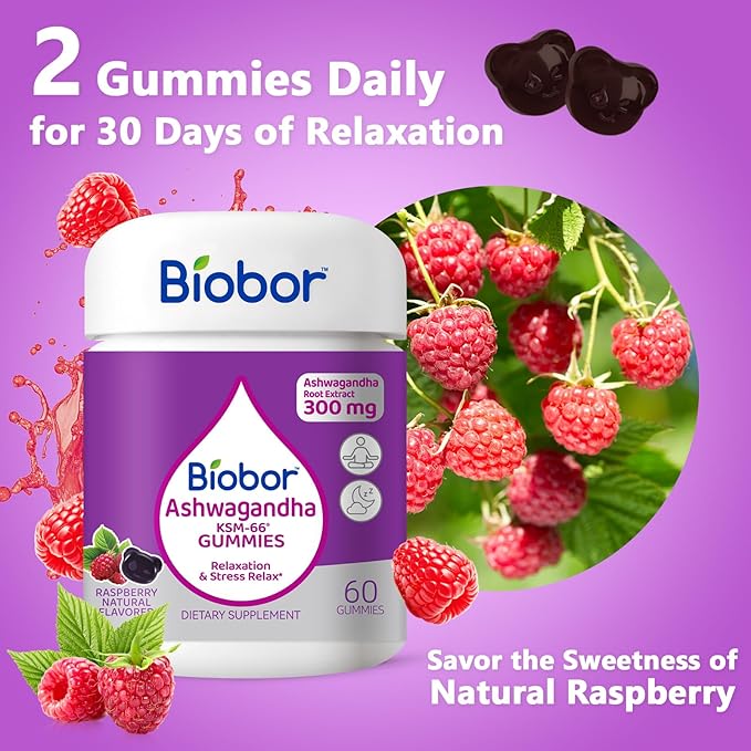 Biobor Ashwagandha Gummies, KSM-66 Ashwagandha Root Extract with Vitamin D3, Relaxation Support & Immune Support for Adults - GMO Free, Gluten Free