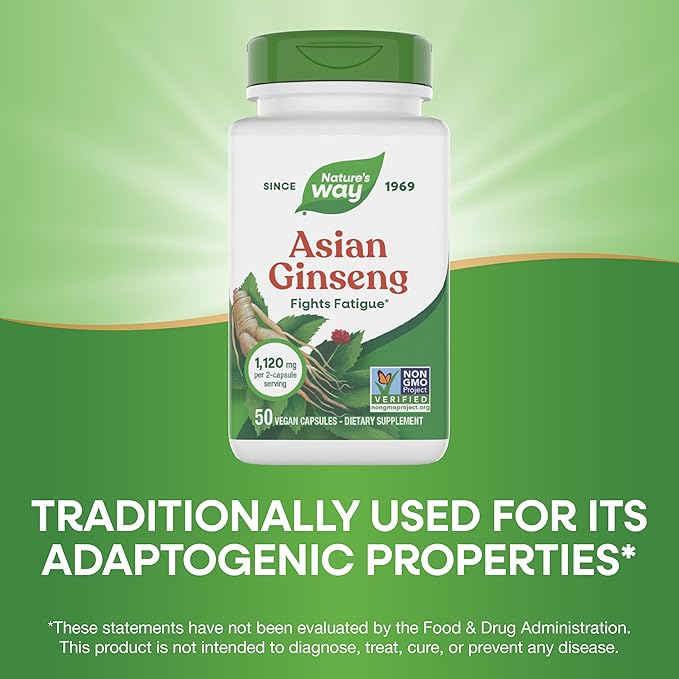 Nature's Way Asian Ginseng, Fights Fatigue*, 1,120mg Per 2-capsule Serving, Non-GMO Project Verified, Vegan, 50 Capsules (Packaging May Vary)