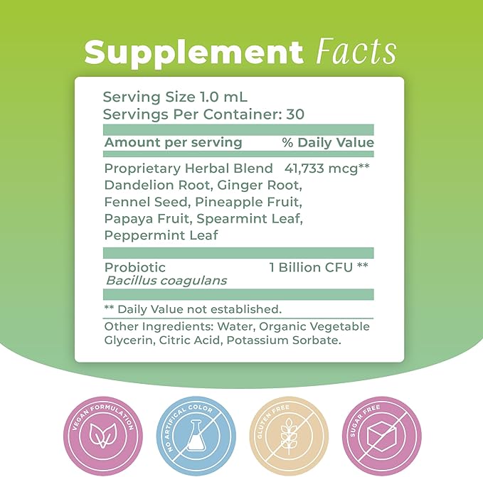 Debloat Organic Liquid Drops for Natural Gas & Bloating Relief, Supports Digestive & Gut Health with Probiotic, Dandelion, Ginger, Fennel, Peppermint 1.0 Fl Oz.