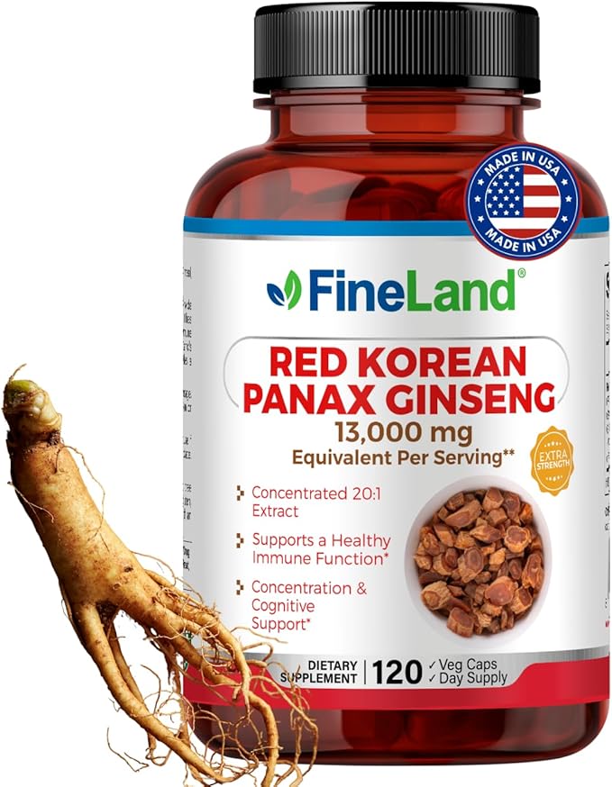FineLand Red Korean Panax Ginseng 20:1 Extract - Concentrated Immune & Cognitive Support Supplement for Men & Women - 120 Veggie Capsules