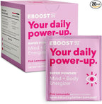 EBOOST Super Powder Drink Mix - Pink Lemonade 0.2 oz 20 Pack Hydration Energizer Electrolytes Powder - 13 Vitamins & Minerals - 110 mg Caffeine - 0 Added Sugar - No Artificial Flavors or Sweeteners