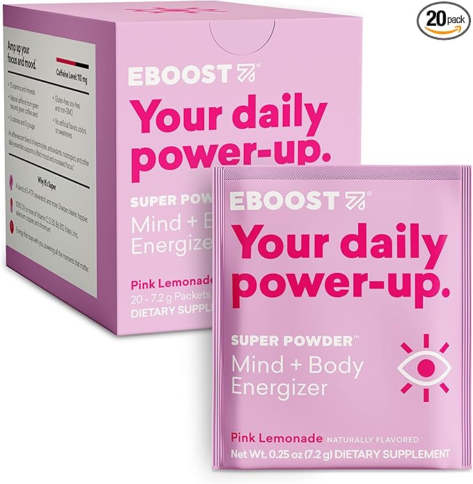 EBOOST Super Powder Drink Mix - Pink Lemonade 0.2 oz 20 Pack Hydration Energizer Electrolytes Powder - 13 Vitamins & Minerals - 110 mg Caffeine - 0 Added Sugar - No Artificial Flavors or Sweeteners