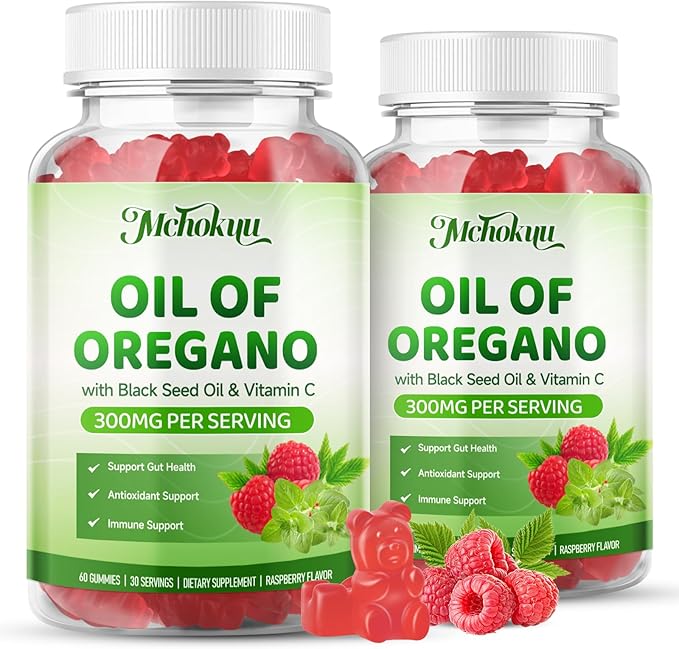 Oil of Oregano with Black Seed Oil, 2-in-1 Black Seed Oil Supplement for Women & Men Support Antioxidant Health, Sugar Free & Vegan Raspberry Herbal Gummies, 60 Count