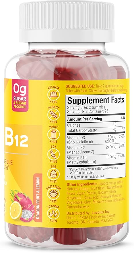 SUKU Vitamins Vegan D3 + K2 + B12 Sugar-Free & Sugar-Alcohol-Free Keto 2000IU Vitamin D Gummy Supplement for Healthy Bones, Immune Function, Healthy Metabolism, Lemon Dragon Fruit Flavor (50 Gummies)