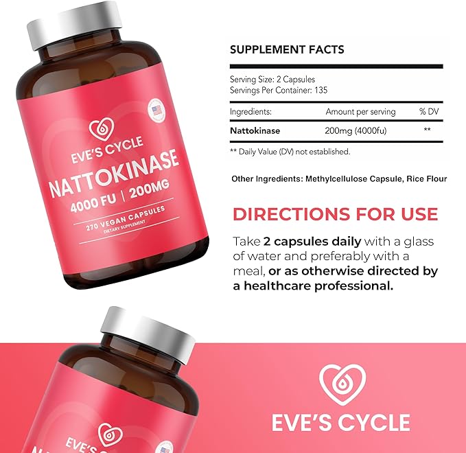 Eve's Cycle Nattokinase Supplement 4000 FU - 270 Vegan Natto Capsules - Premium Japanese Enzyme, Natural Blood Thinner, Organic, No Stearates, Non-GMO, Made in USA