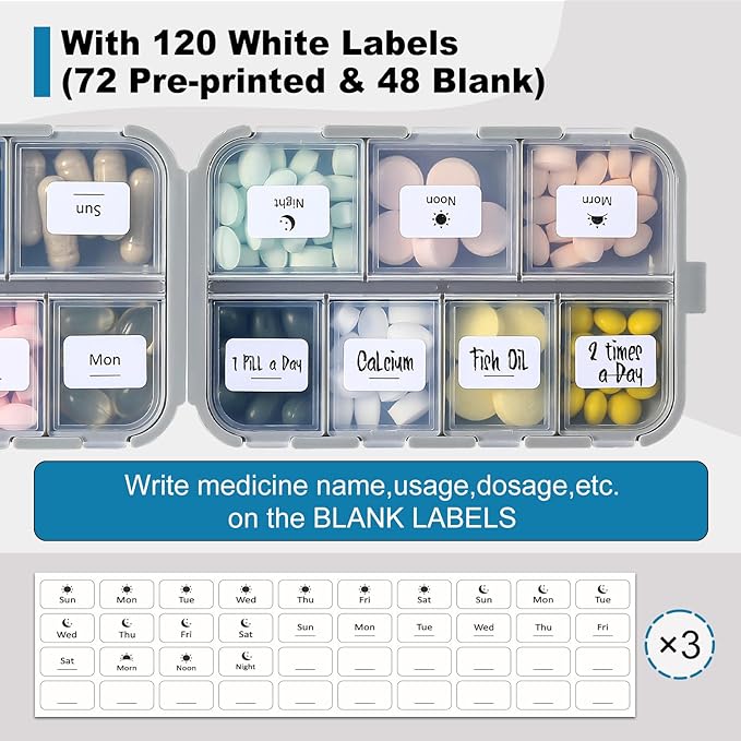 LANDNEOO 14 Grids Pill Organizer Box with Labels, Travel Medication Holder Dispenser Case Kit, Pocket Daily Pharmacy Container for Fish Oil Vitamin Supplement Storage, Khaki Pink Grey, 3 Pack