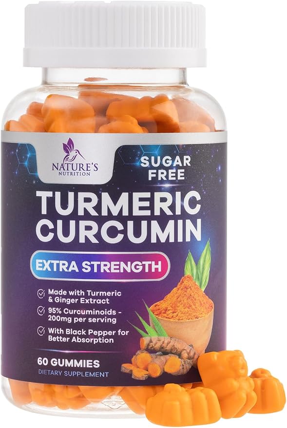 Turmeric Curcumin Gummies Sugar Free Supplement - 95% Curcuminoids with Turmeric & Ginger, Black Pepper for Best Absorption, Nature's Vegan Joint Support, Non-GMO, Tasty Peach Flavor - 60 Gummies