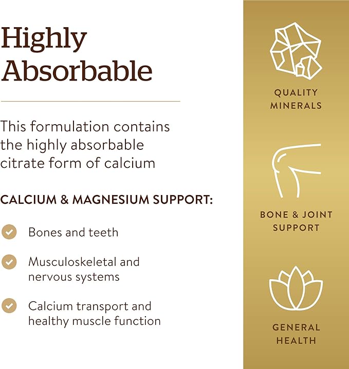 Solgar Calcium Magnesium Citrate, 250 Tablets - Supports Healthy Bones & Teeth - Musculoskeletal & Nervous System Support - Highly Absorbable - Non-GMO and Vegan - 50 Servings