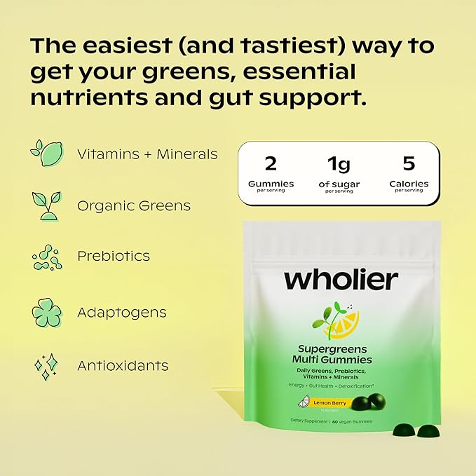 wholier Daily Supergreens Gummies, Greens Supplement with Prebiotics, Fiber, Adaptogens, Vegan Multivitamin, 9 Essential Vitamins + Minerals, 1g Sugar, 2 Gummy Serving (60 Gummies, 30 Day Supply)