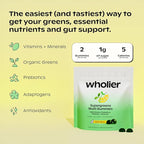 wholier Daily Supergreens Gummies, Greens Supplement with Prebiotics, Fiber, Adaptogens, Vegan Multivitamin, 9 Essential Vitamins + Minerals, 1g Sugar, 2 Gummy Serving (60 Gummies, 30 Day Supply)