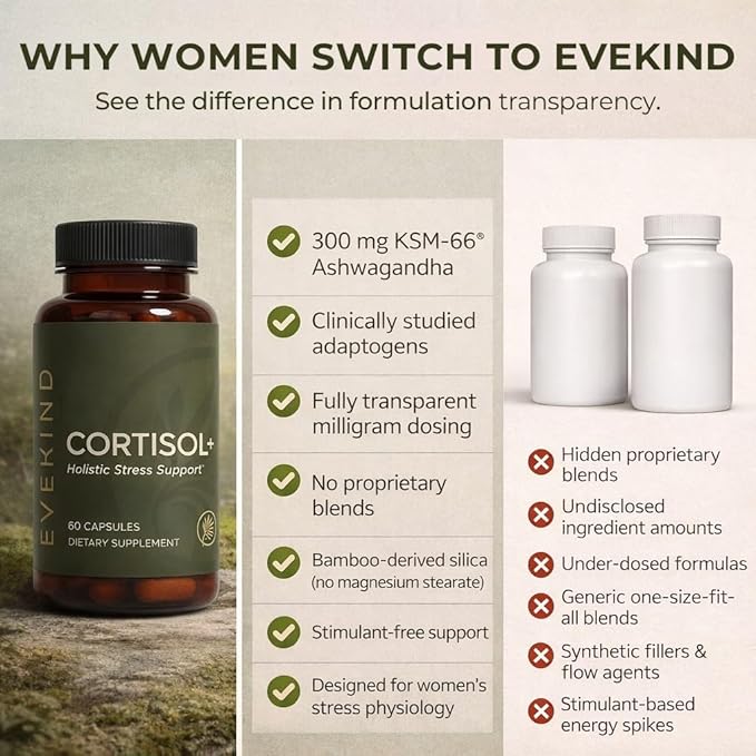 EVEKIND Cortisol+ – Cortisol Supplement for Women | Stress Support | Calm Mood, Focus & Steady Energy | KSM-66® Ashwagandha, Rhodiola, L-Theanine, Magnesium Glycinate | 60 Capsules