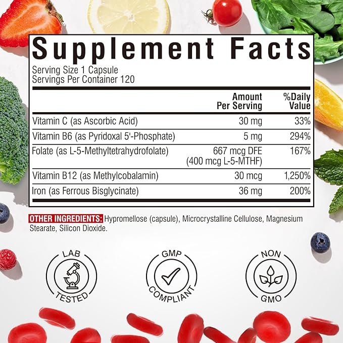 Iron Supplement for Women & Men, with Vitamins C, B6, B12 & Folate for Iron Deficiency, Blood Building & Energy Support, Stomach Friendly, Better Absorption, Non-GMO,No Gluten,120 Vegan Caps