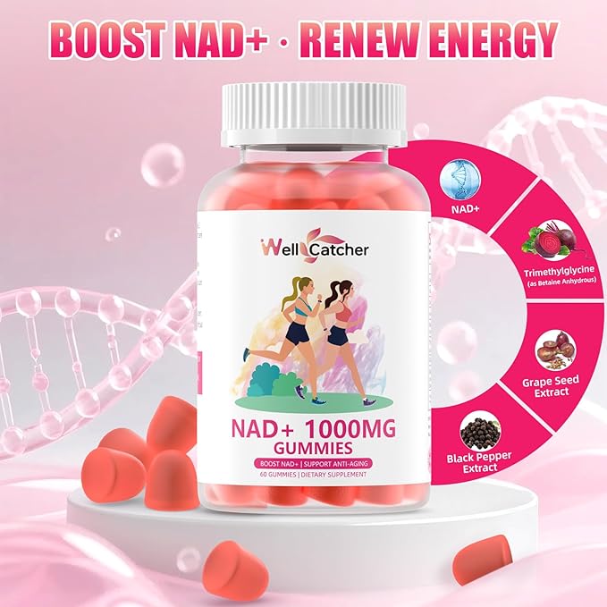 NAD+ Gummies Supplement for Women 1000MG - NAD Plus Gummies for Men Sugar Free Vitamin B3 Niacinamide Pure Organic Boosts NAD Level Anti-Aging Cell Regeneration Energy Brain Peach Flavor 60C