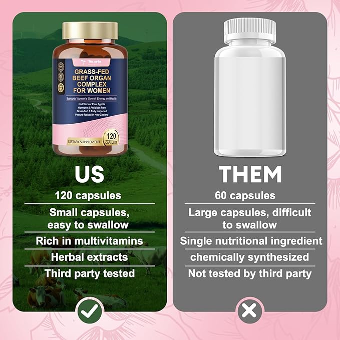 Totaria 2 Pack Beef Organ Supplement for Women - Beef Liver, Kidney, Heart,Uterus Tissue - Balance Hormones & Women's Overall Energy - Grass Fed, Pasture Raised - Natural Iron Supplement with Folate