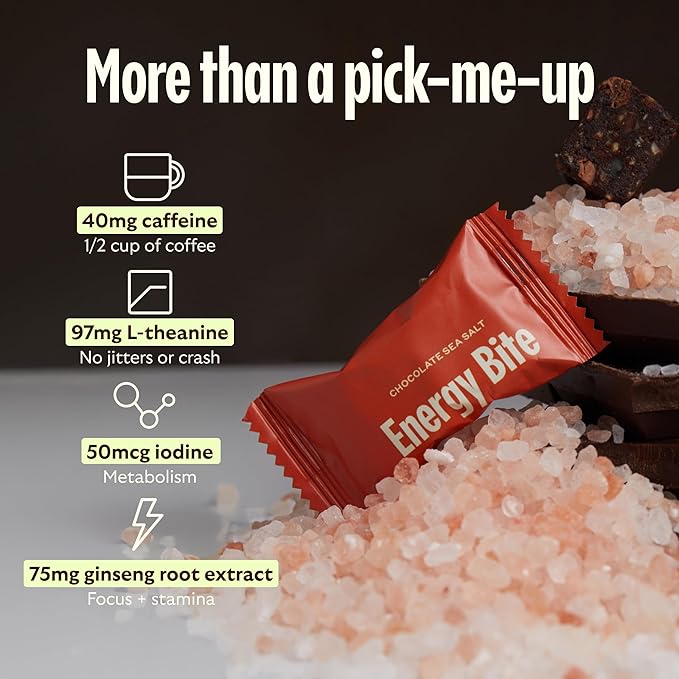 GEM Energy Caffeinated Chocolate Bite, 40mg Caffeine, Ginseng Root, L-Theanine, Holistic Sustained Energy, Supports Metabolism, Stamina & Endurance | Chocolate Cacao Sea Salt | 28 Servings