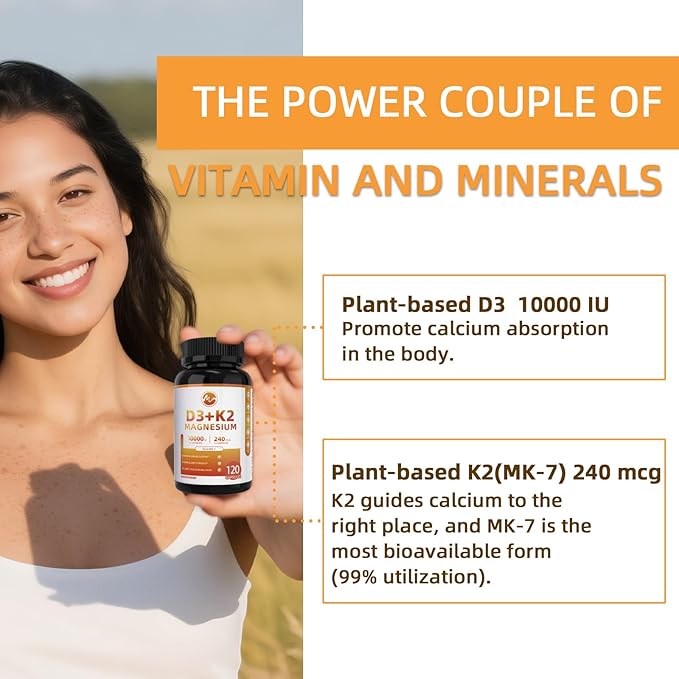 M inch Vitamin D3 K2 with Magnesium, Vitamin D3 10000 IU, Vitamin K2 MK-7 240 mcg, 6-in-1 K2 D3 Vitamin Supplement with Quercetin for Bone, Immune & Moo*d Support, Highly Bioavailable, 120 Capsules
