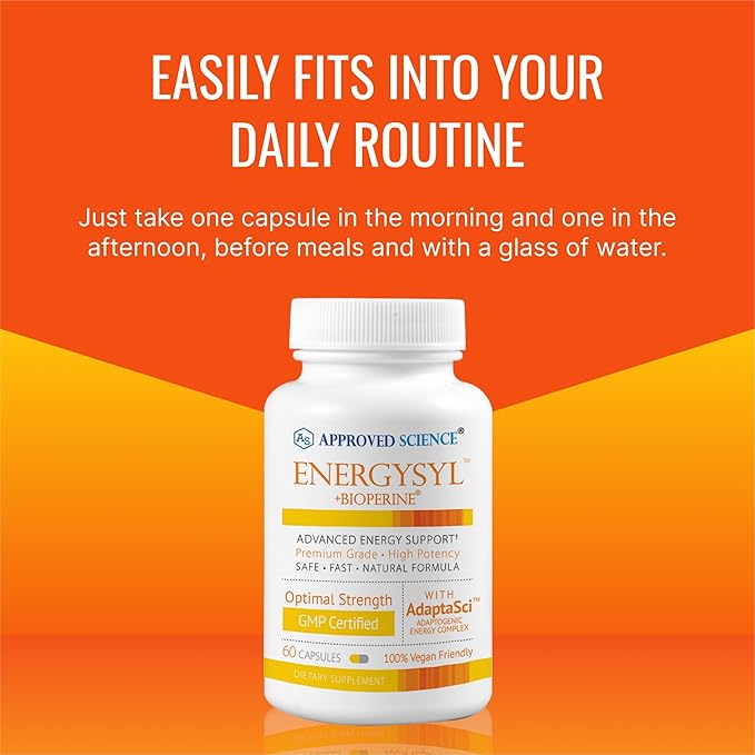 Approved Science Energysyl - Caffeine Free - with Adaptogens, B Vitamins, and Bioperine - 3 Month Supply - 180 Capsules