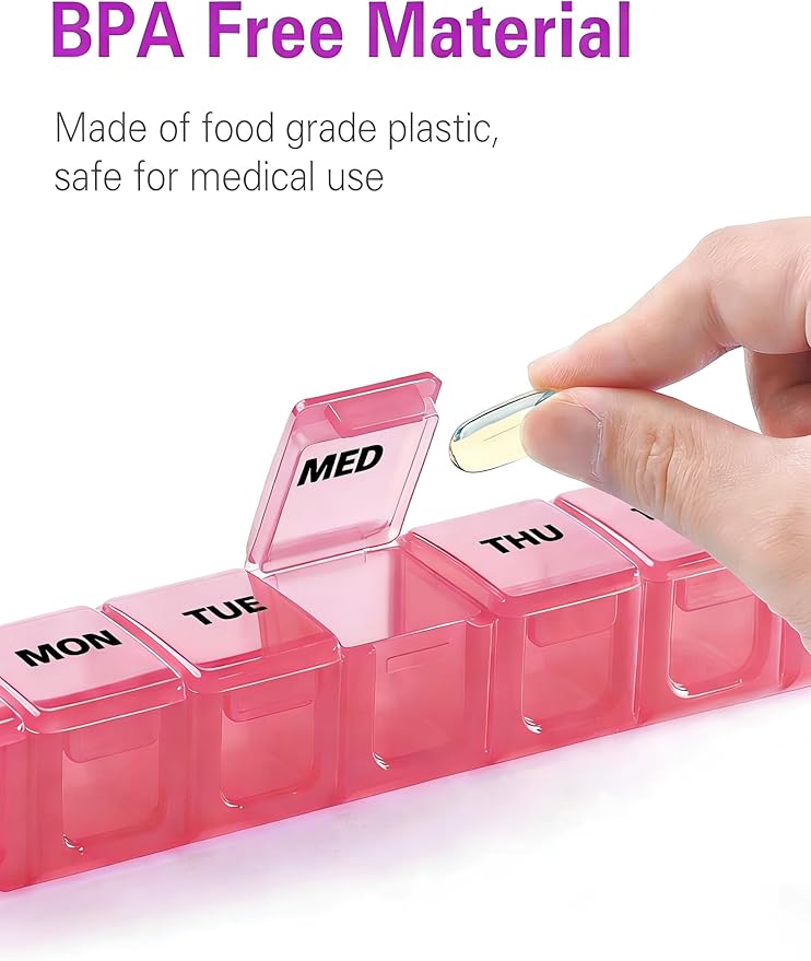 BUG HULL Weekly Pill Organizer Large 2 Packs, Extra Large Travel Pill Organizers, Pill Box 7 Day, Travel Pill Case, Medicine Pill Organizer for Vitamins, Supplements and Medications (White+Pink)