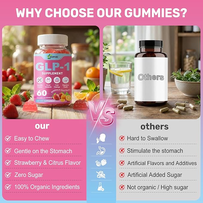 ZHPHK GLP-1 Support Gummies, Sugar-Free with Berberine, Cinnamon, Turmeric, Raspberry Ketone, Resveratrol, Appetite & Craving Control, Metabolism Digestion & Gut, No Stomach, 60 Count