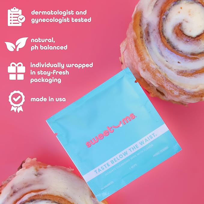 Sweetums Feminine Wipes For Women, Individually Wrapped - pH Balanced Biodegradable Flavored Intimate Wipes - Cinnamon Bun, Pack of 10