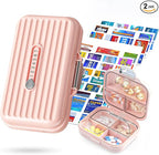 Travel Pill Organizer Box with Medicine Labels, 2Pack 7 Compartments Portable Pill Case, Daily Medication Organizer Storage Pill Container for Pocket Pharmacy(Pink S+L 2Pack)