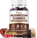 Mushroom Gummies for Adults, 10 Blend Mushroom Supplement with Lions Mane, Cordyceps, Reishi, Chaga and Turkey Tail for Focus and Energy, Raspberry Flavor, 60 Count