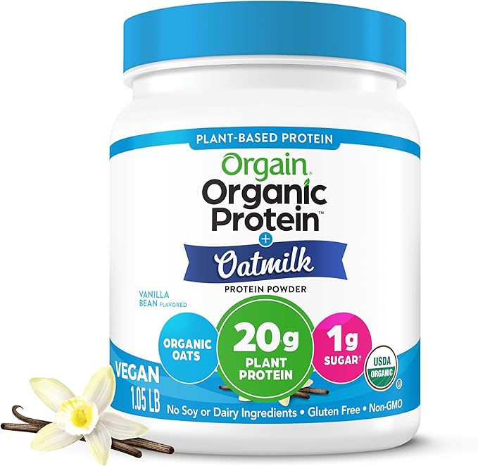 Orgain Organic Vegan Protein Powder + Oat Milk, Vanilla Bean - 20g Plant Based Protein, Gluten Free, No Dairy, Soy or Lactose Ingredients, Low Sugar, Non-GMO, Kosher, For Shakes & Smoothies - 1.05lb