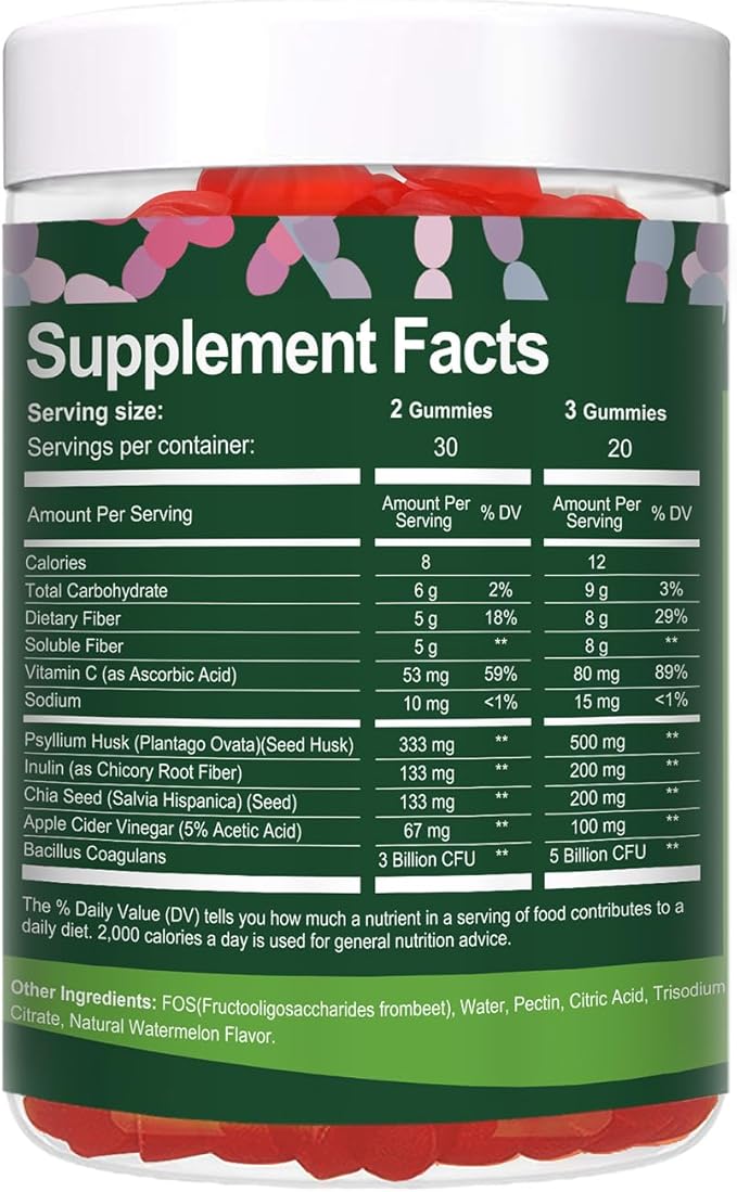 9-in-1 Probiotic Prebiotic Fiber Gummies for Adults Teens, Fiber Supplement Pro with 5 Billion CFU Bacillus Coagulans, Psyllium Husk, FOS, Inulin, ACV for Digestion & Gut, 60 Vegan Watermelon Gummies