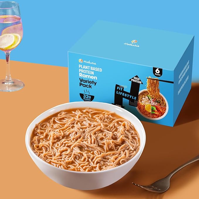 Hethstia High-Protein Ramen Variety Pack (Chicken, Beef, Spicy Kimchi, Spicy Curry), 6-Pack Instant Ramen Noodle Soup, 32g Plant-Based Protein, Vegan, Non-GMO, Low Fat, Pre-Packaged Quick Meal