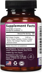 Multi Collagen Peptides Complex - Advanced Hydrolyzed Collagen Supplement Pills with Type I, II, III, V & X - Hair, Skin, Nail & Joint Support Supplement for Women & Men - USA Bottled - 60 Capsules