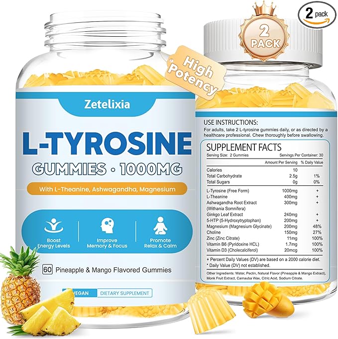 L Tyrosine Gummies, 2 Pack L-Tyrosine Supplement, Tyrosine Gummies with L-Theanine B6 D3, Tyrosine Supplement for Brain, Memory, Energy, Mood for Adult & Kids, Pineapple & Mango Flavor, 120 Ct