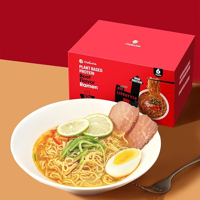 Hethstia Protein Ramen Spicy Beef Flavor, 6-Pack Instant Noodle Soup, 32g Plant-Based Protein, Vegan, Non-GMO, Low Fat, Healthy High Protein Ramen Meal