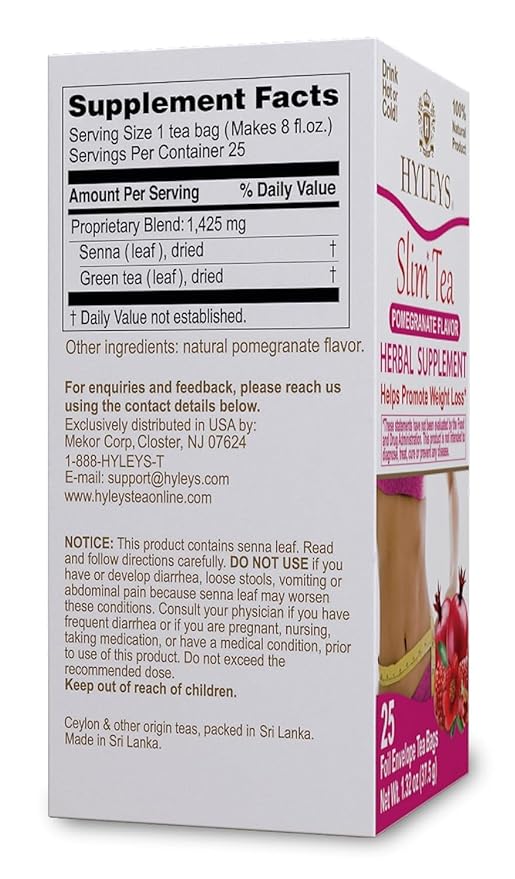 Hyleys Slim Tea Pomegranate Flavor - Weight Loss Herbal Supplement Cleanse and Detox - 25 Tea Bags (12 Pack)