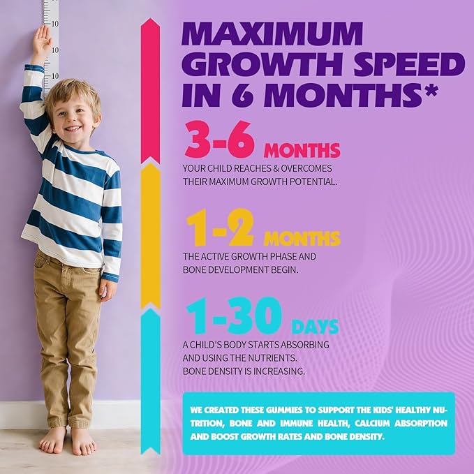 Height Growth Gummies for Kids & Teens - Calcium, Vitamin D3 + K2, Zinc, Magnesium, L-Arginine - Teen Multivitamin Gummies for Children Bone Strength and Immunity - 60 Gummies