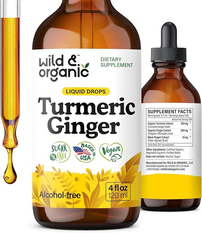 Wild & Organic Turmeric and Ginger Supplement Drops - Joint & Immune Support - Liquid Turmeric Curcumin with Black Pepper and Ginger - Curcumin Supplement - Vegan, Sugar & Alcohol-Free Tincture - 4 oz