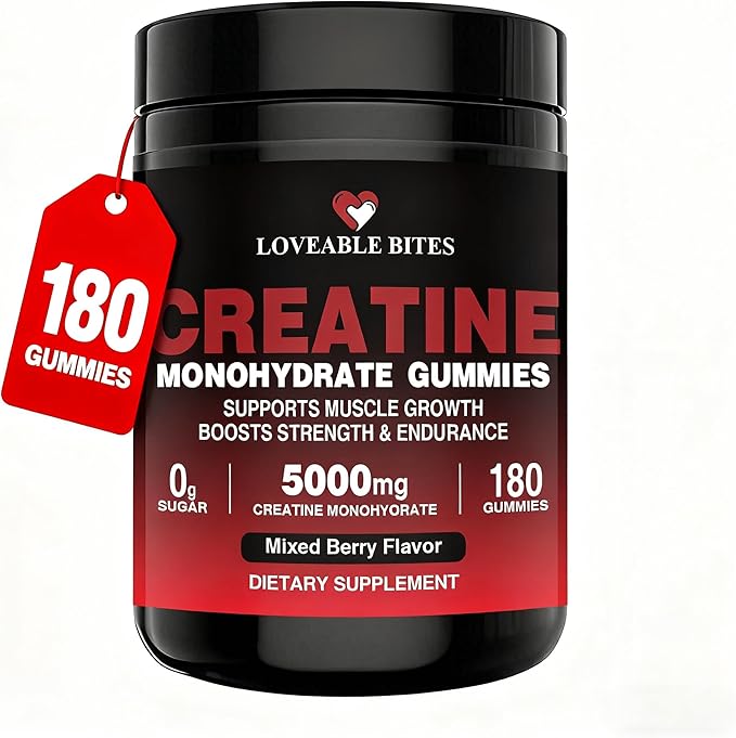 Loveable Bites Creatine Monohydrate Gummies – 5000mg Creatine Gummies for Men & Women | Supports Muscle Strength, Endurance, Energy & Recovery | Sugar-Free, Vegan, Mixed Berry Flavor, 180 Count
