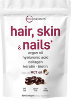 Micro Ingredients Hair Skin and Nails Vitamins for Women & Men | 400 Softgels with MCT Oil | 22-in-1 Argan Oil, Hyaluronic Acid, Collagen, Keratin & Biotin Complex | Natural Hair Growth Support