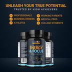 Energy and Focus - Extra Strength 200mg Caffeine and Lions Mane Mushroom Supplement, 60 Capsules - with Alpha GPC, L-Theanine, L-Tyrosine to Support Brain Function and Concentration