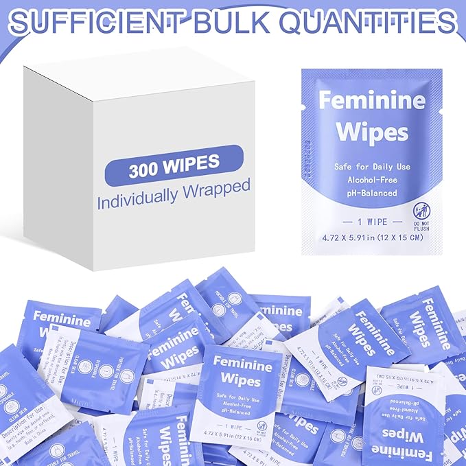 300 Pieces Feminine Wipes Individually Wrapped Women Travel Size Bulk Unscented Intimate Wipes Mild Private Parts Ph Balanced for Travel Bathroom Toilet Daily (Purple)