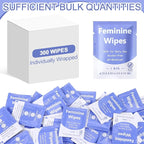 300 Pieces Feminine Wipes Individually Wrapped Women Travel Size Bulk Unscented Intimate Wipes Mild Private Parts Ph Balanced for Travel Bathroom Toilet Daily (Purple)