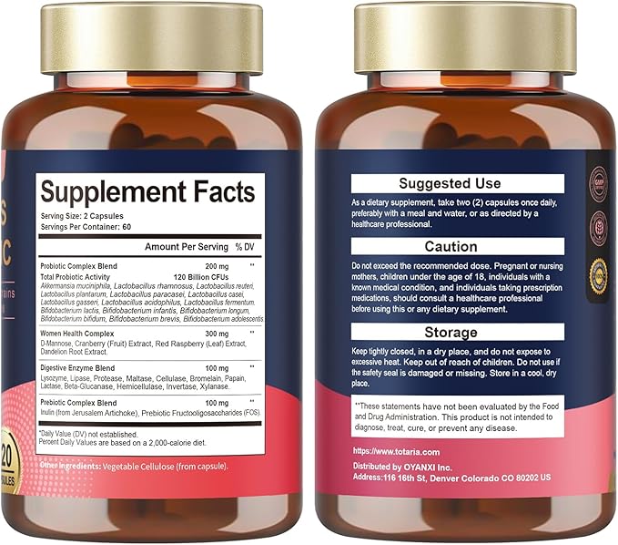 Totaria (2 Packs) Probiotics for Women, 120 Billion Women Probiotic, Digestive Enzymes & Prebiotics, with Akkermansia, Cranberry, D-Mannose, for Gut, Urinary, Immune, PH Balance, 240 Vegan Capules
