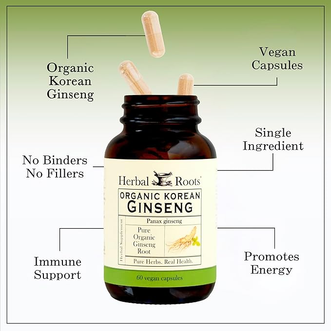 Herbal Roots Panax Ginseng | Organic Korean Ginseng Root Powder | 1000mg | High Ginsenosides for Energy & Performance | 60 Vegan Capsules