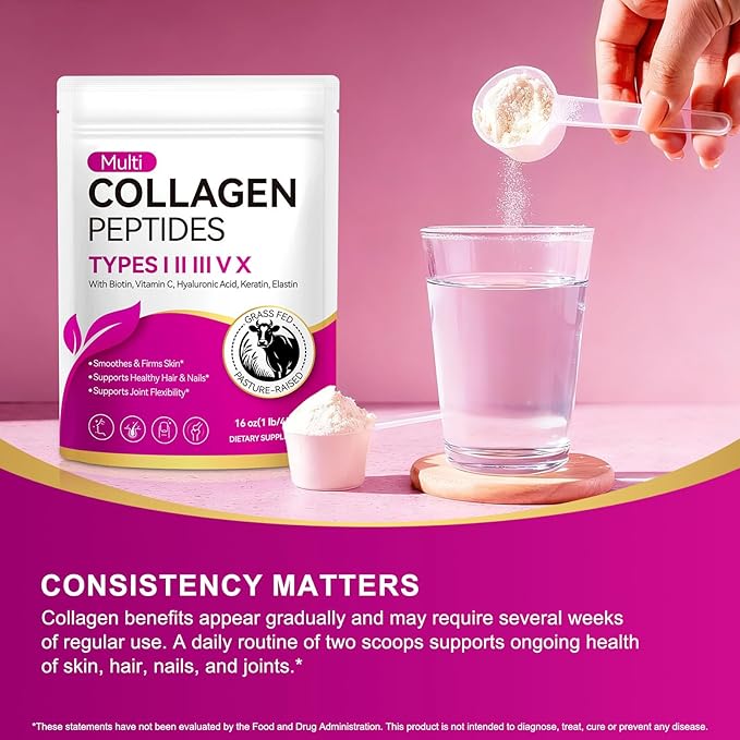 Multi Collagen Peptides Powder | Types I, II, III, V, X | 16 Oz (41 Servings) Hydrolyzed Collagen Peptides | Supports Healthy Skin, Joints, Hair, and Nails | Unflavored & Dissolves Easily